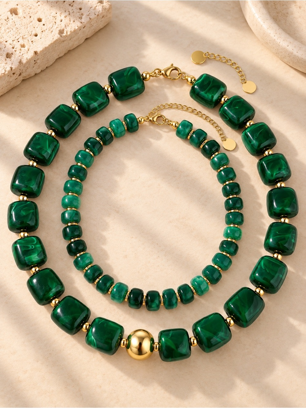 Gold & Emerald Green Beaded Necklace Set